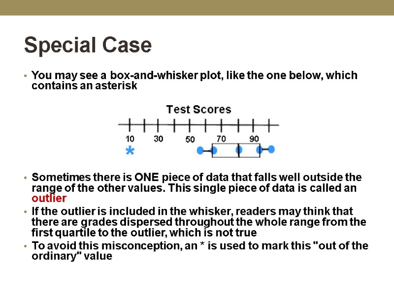 Special Case You may see a box-and-whisker plot, like the one below, which contains